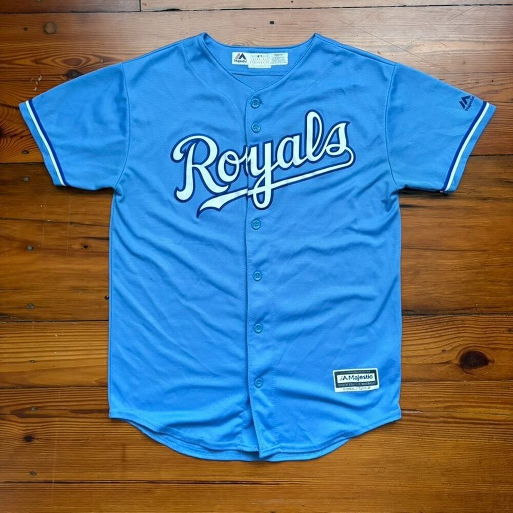 Majestic Kansas City Royals Baby Blue Jersey Men's Size S Youth L Cool Base